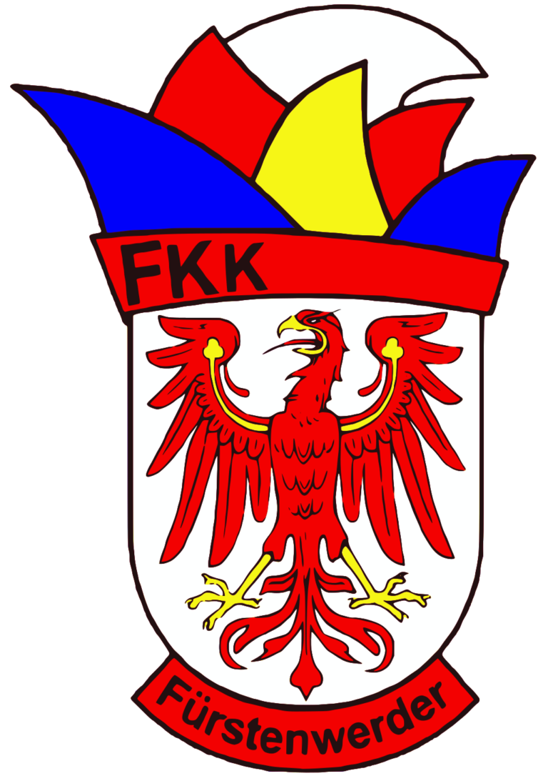 Das Bild zeigt das Wappen des "Fürstenwerder Karnevalsklub e.V." (FKK). Es besteht aus einem Wappenschild, der im unteren Bereich einen roten Adler auf weißem Hintergrund zeigt, ein typisches Symbol für Brandenburg. Oberhalb des Adlers sind bunte, stilisierte Karnevalshüte in den Farben Rot, Blau, Gelb und Weiß dargestellt. Darüber steht in roter Schrift „FKK“, und am unteren Rand des Schildes befindet sich ein rotes Banner mit der Aufschrift „Fürstenwerder“. Das Logo kombiniert traditionelle und festliche Symbole und repräsentiert den Karnevalsverein aus Fürstenwerder.