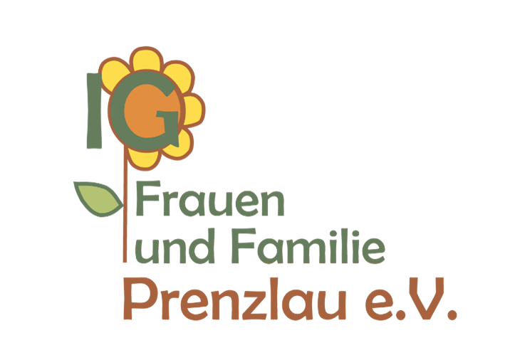 Das Logo des Vereins „IG Frauen und Familie Prenzlau e.V.“ zeigt eine stilisierte Sonnenblume, bei der das „IG“ im Blütenkopf eingebettet ist. Die Blume ist in den Farben Gelb und Grün gehalten, wobei der Stängel und ein Blatt links hervorgehoben sind. Der Schriftzug „Frauen und Familie Prenzlau e.V.“ ist in zwei Farben unterhalb der Blume zu sehen: „Frauen und Familie“ in Grün und „Prenzlau e.V.“ in einem warmen Braunton. Das Logo symbolisiert Gemeinschaft, Wachstum und Unterstützung für Frauen und Familien.