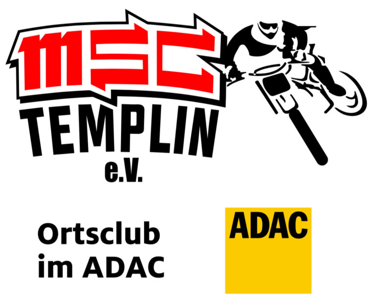 Das Bild zeigt das Logo des „MSC Templin e.V.“, einem Motorsportclub. Der Schriftzug „MSC“ ist in fetten, roten Buchstaben und einem dynamischen Design dargestellt, darunter steht „Templin e.V.“ in schwarzer Schrift. Rechts neben dem Text ist eine stilisierte Illustration eines Motorradfahrers, der in Aktion zu sehen ist. Darunter befindet sich der Text „Ortsclub im ADAC“ sowie das ADAC-Logo, das in Gelb und Schwarz gehalten ist.