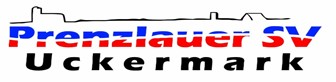 Das Bild zeigt das Logo des „Prenzlauer SV Uckermark“. Der Schriftzug „Prenzlauer SV“ ist in einer modernen Schriftart gestaltet und in den Farben Blau, Weiß und Rot gehalten. Darunter steht „Uckermark“ in schwarzen Buchstaben. Über dem Text befindet sich eine stilisierte Silhouette der Stadt Prenzlau, die in einer einfachen schwarzen Linie dargestellt ist. Dieses Logo repräsentiert den Sportverein und kombiniert den regionalen Bezug zur Uckermark mit einer sportlichen, dynamischen Gestaltung.