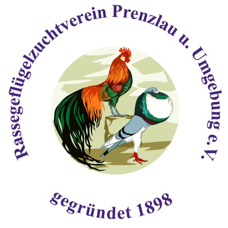 Das Bild zeigt das Logo des "Rassegeflügelzuchtverein Prenzlau und Umgebung e.V.". Im Zentrum des Logos befindet sich eine stilisierte Darstellung eines prächtigen Hahns mit leuchtend roten, orangen und grünen Federn sowie einer Taube mit einem auffälligen, rundlichen Körper. Beide Vögel stehen auf einer kleinen Erhebung vor einem dezenten Hintergrund. Der äußere Kreis des Logos enthält die Schrift "Rassegeflügelzuchtverein Prenzlau u. Umgebung e.V." im oberen Bereich und "gegründet 1898" im unteren Bereich, jeweils in lila Farbe.