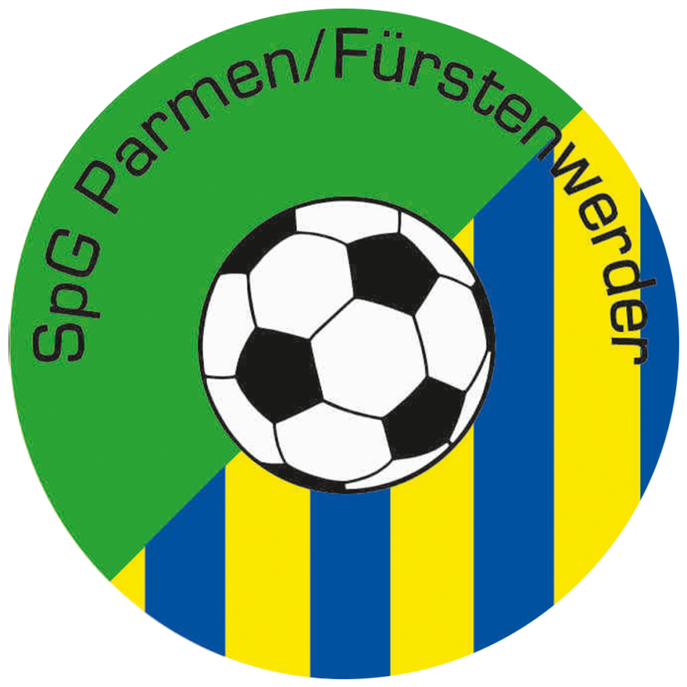 Das Logo der „SpG Parmen/Fürstenwerder“ zeigt einen runden Hintergrund, der in zwei Hälften geteilt ist. Die linke Hälfte ist grün, die rechte Hälfte zeigt blau-gelbe vertikale Streifen. In der Mitte befindet sich ein klassischer schwarz-weißer Fußball. Der Name „SpG Parmen/Fürstenwerder“ ist in schwarzer Schrift entlang des oberen Randes des Logos geschrieben. Das Logo vermittelt durch den Fußball einen klaren Bezug zum Sport, insbesondere zum Fußball, und die Farben symbolisieren möglicherweise die Vereinsfarben.