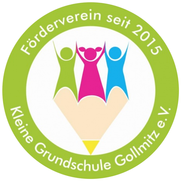 Das Logo des „Fördervereins Kleine Grundschule Gollmitz e.V.“ zeigt drei stilisierte, farbenfrohe Figuren (in Grün, Pink und Blau), die auf einem Bleistift stehen. Die Figuren repräsentieren Kinder, die fröhlich ihre Arme in die Luft strecken. Der Hintergrund ist weiß, und das Logo ist von einem grünen Kreis umgeben, in dem der Text „Förderverein seit 2015 – Kleine Grundschule Gollmitz e.V.“ geschrieben steht. Das Logo symbolisiert Bildung, Förderung und Gemeinschaft der Kinder in der Grundschule.